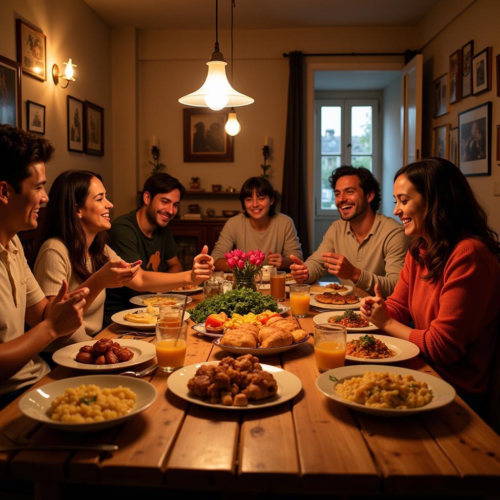 Family Sharing a Meal in a Spanish Home