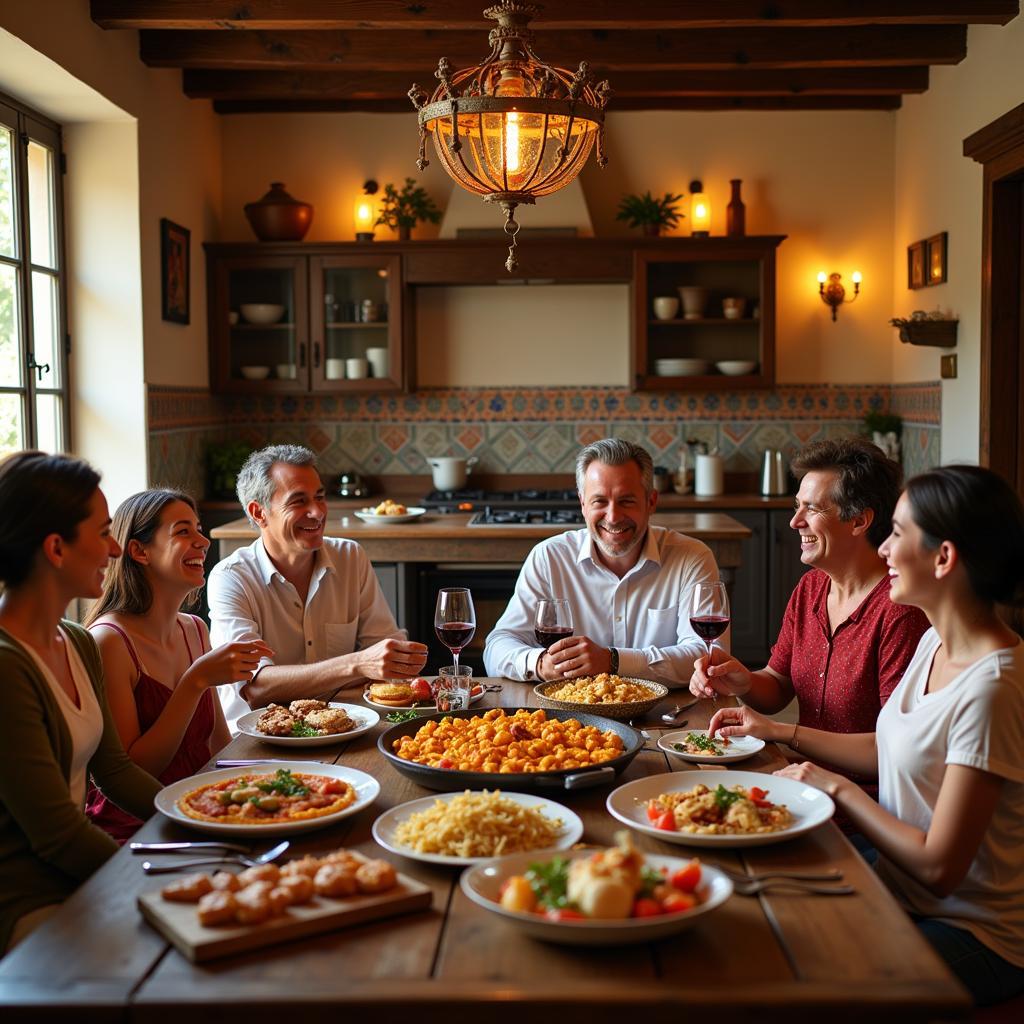 Family enjoying a meal together in a traditional Spanish kitchen