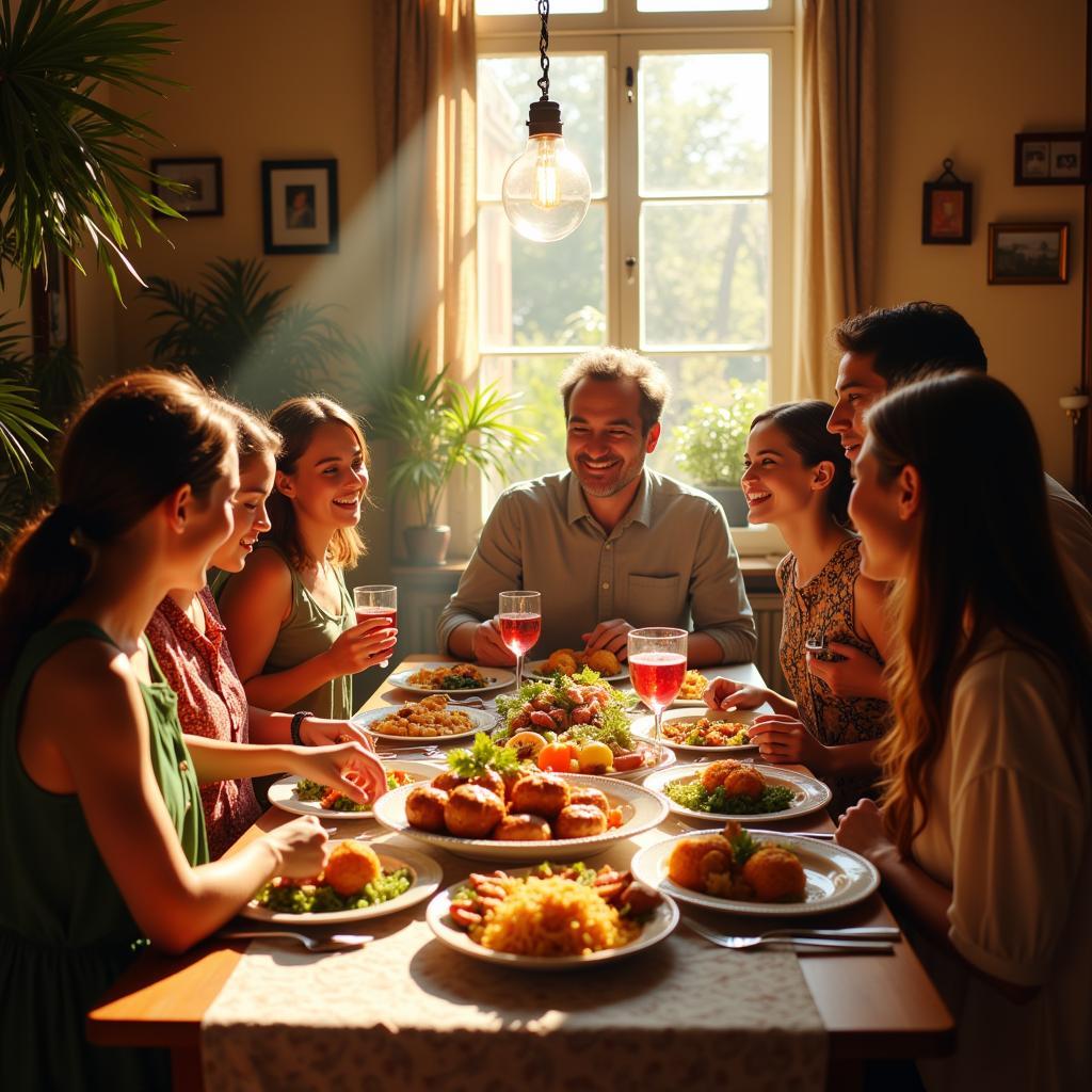 Family enjoying a meal together in a traditional Spanish kitchen