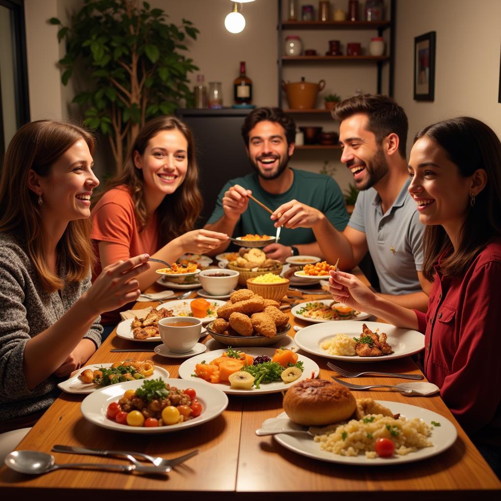 A Spanish family enjoying a meal together in their home.