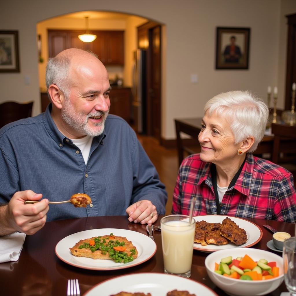 A Spanish family gathered around a table laden with paella and tapas, laughter filling the air