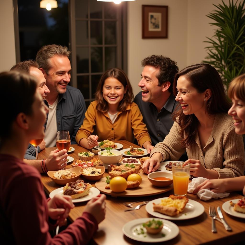 Family enjoying a meal together in Spain