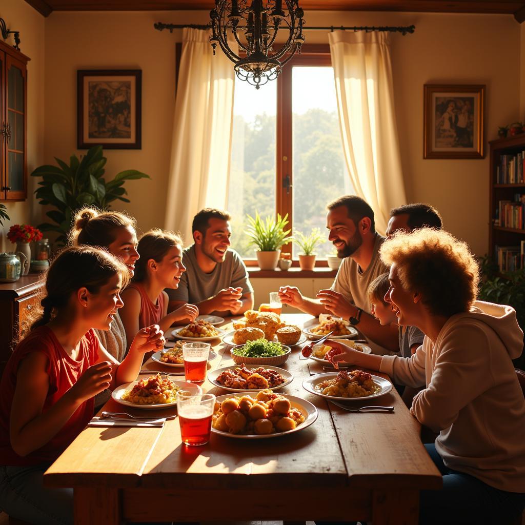 Family enjoying a meal together in a Spanish home