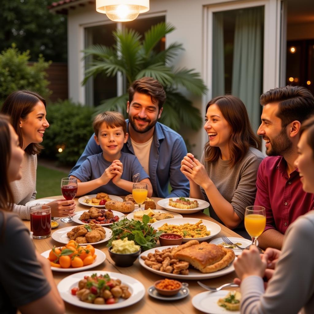 Spanish family enjoying a meal together