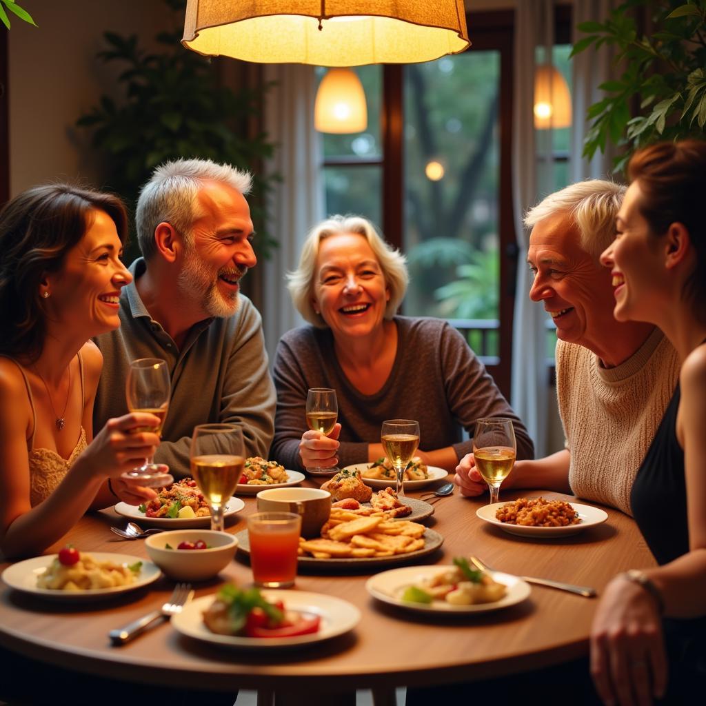 Family enjoying a meal in a traditional Spanish kitchen