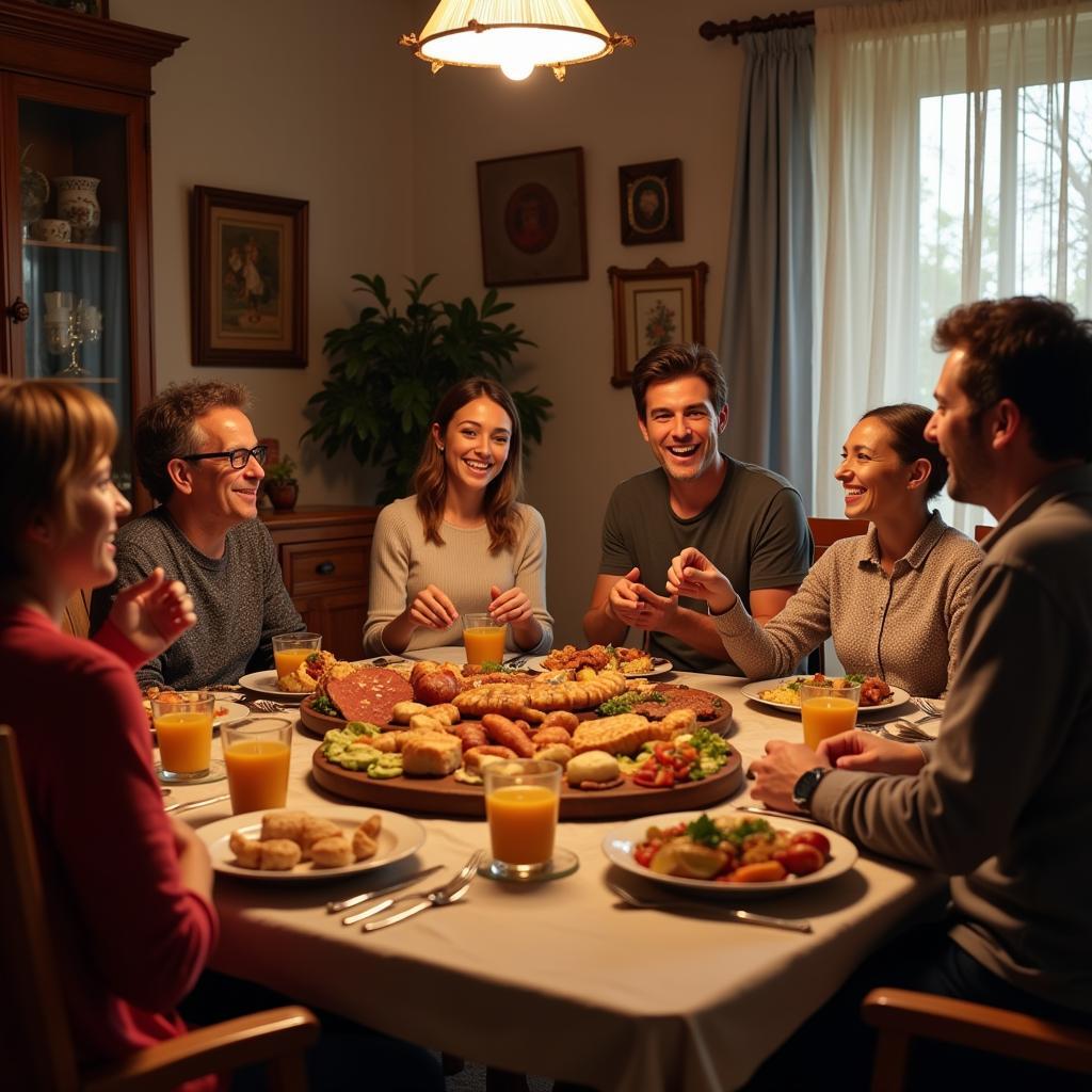 A family enjoying a traditional Spanish meal