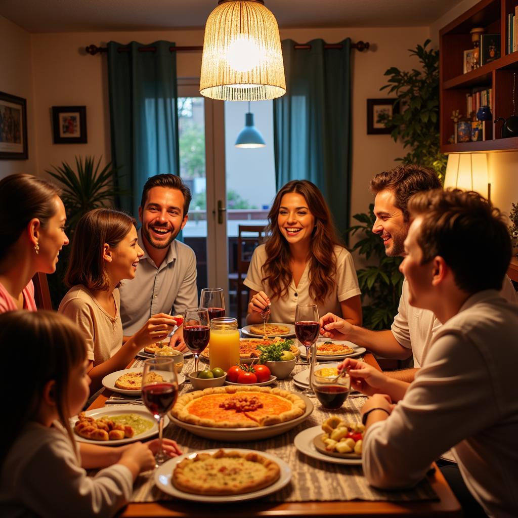 Family enjoying a meal together in a Spanish home