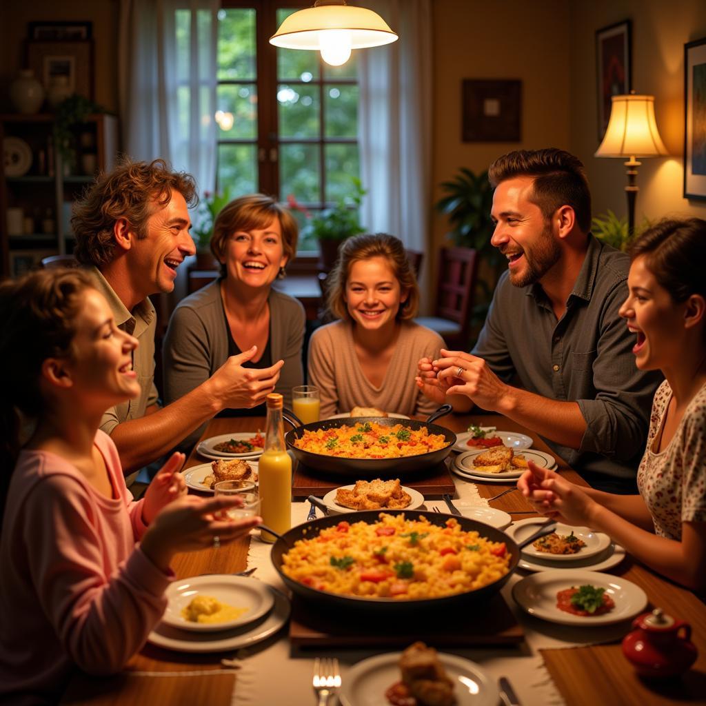 Family sharing a traditional paella meal