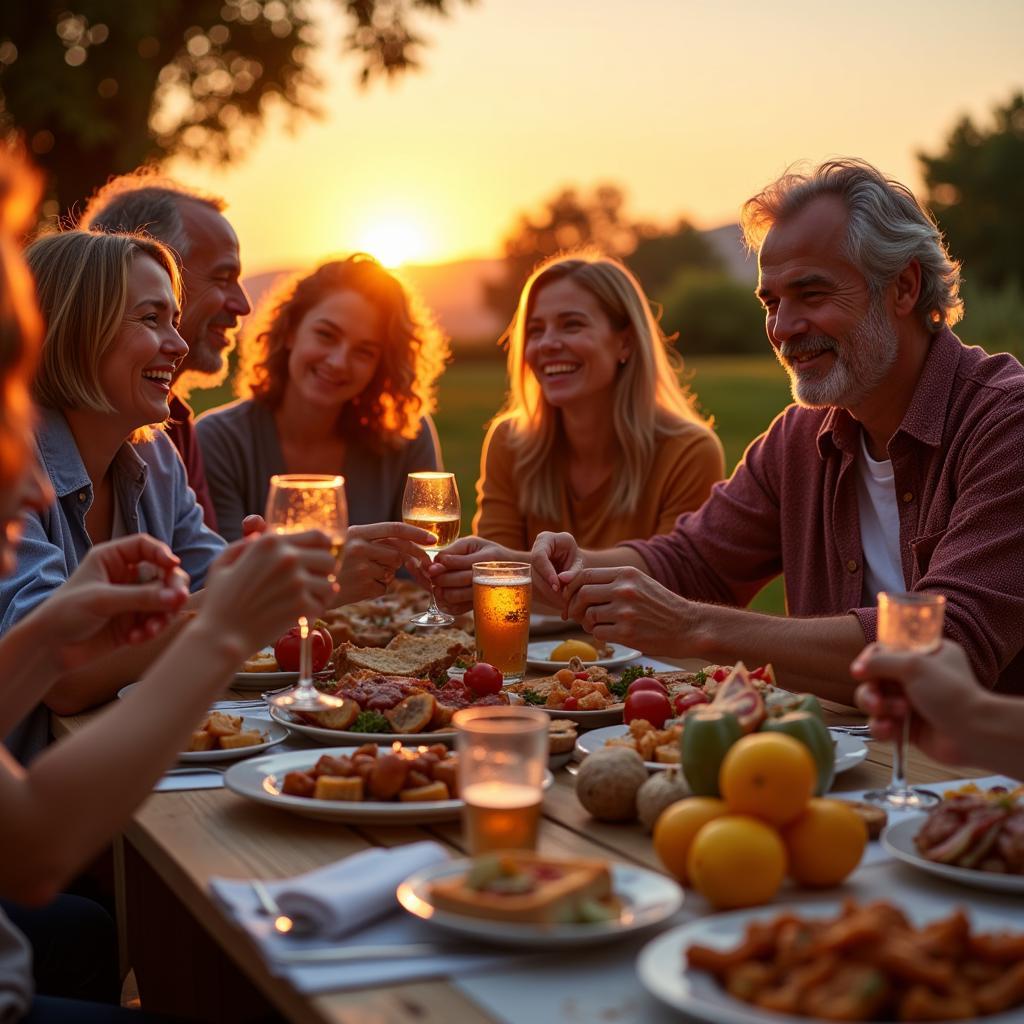 Family enjoying a meal together in Spain