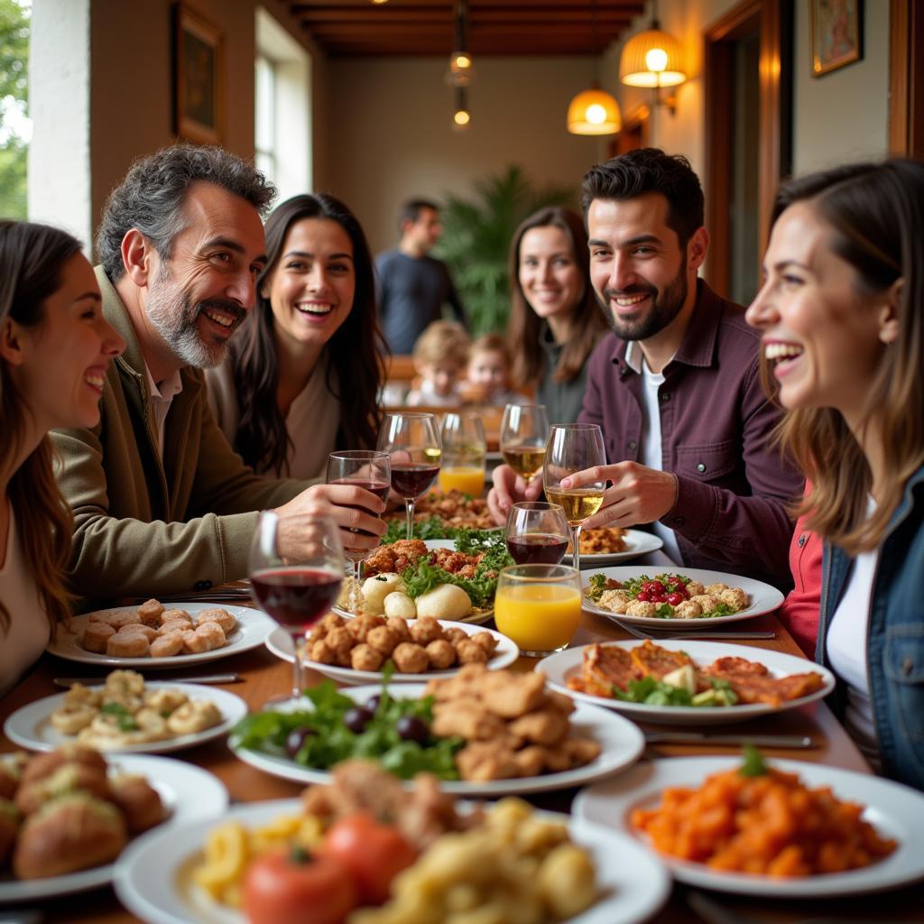 A Spanish family enjoys a meal together around a table.