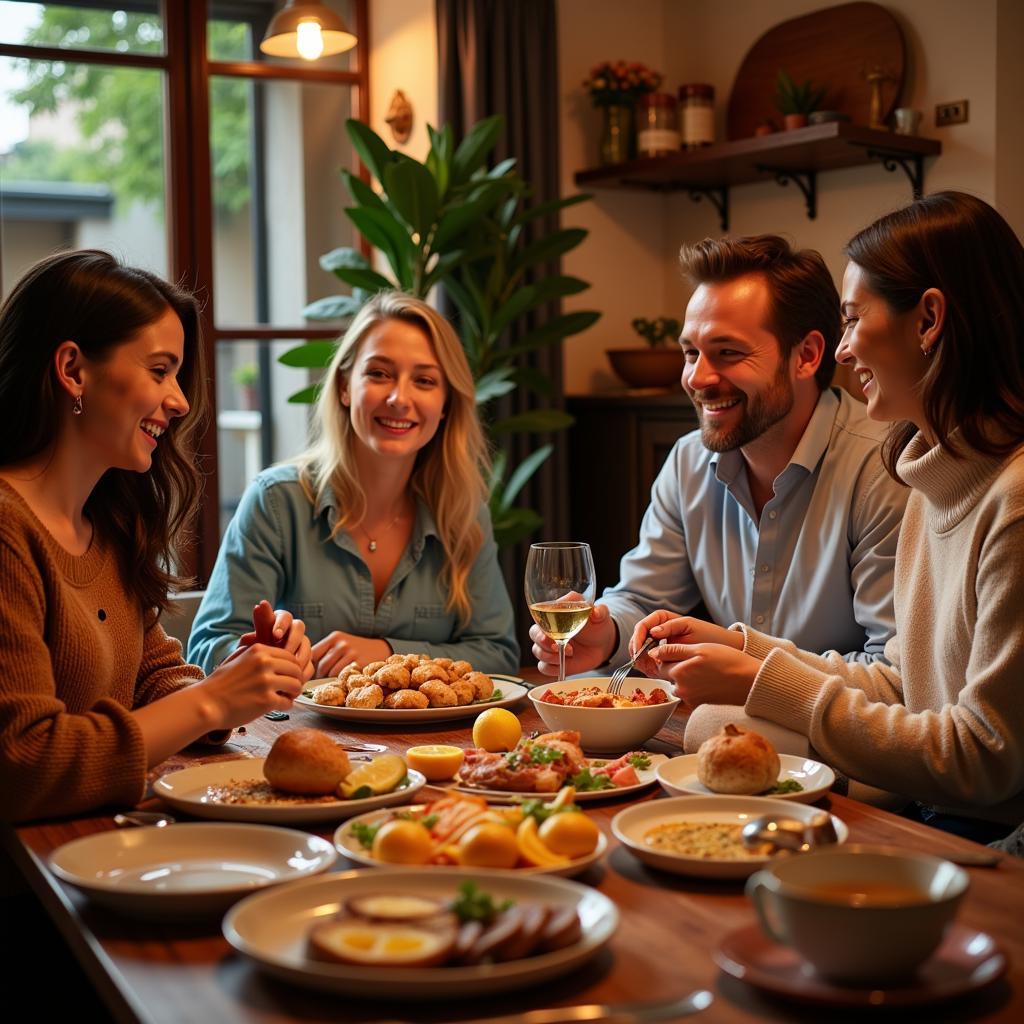 Family enjoying a meal together in Spain