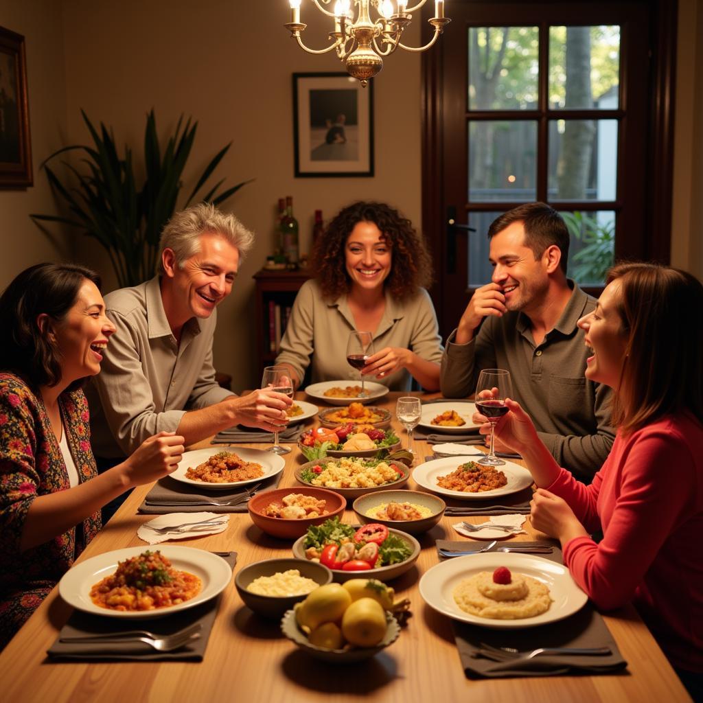 Family enjoying a meal together in Spain