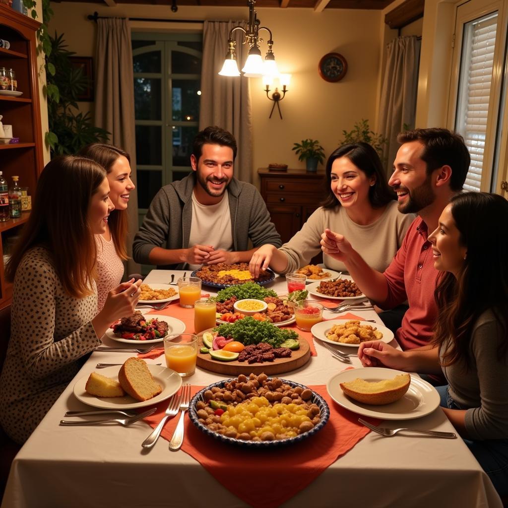 Family enjoying a meal together in a Spanish kitchen