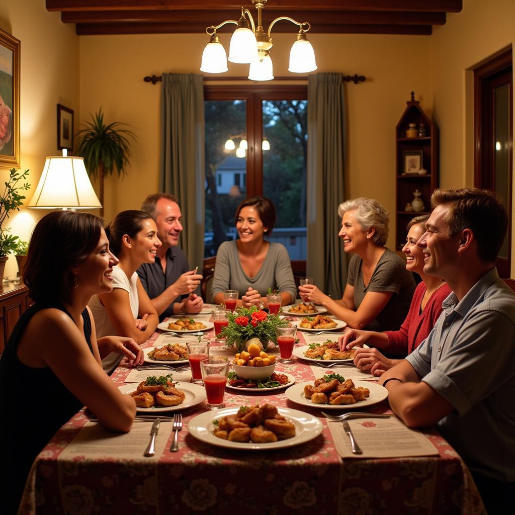 A heartwarming scene of a shared meal in a Spanish home