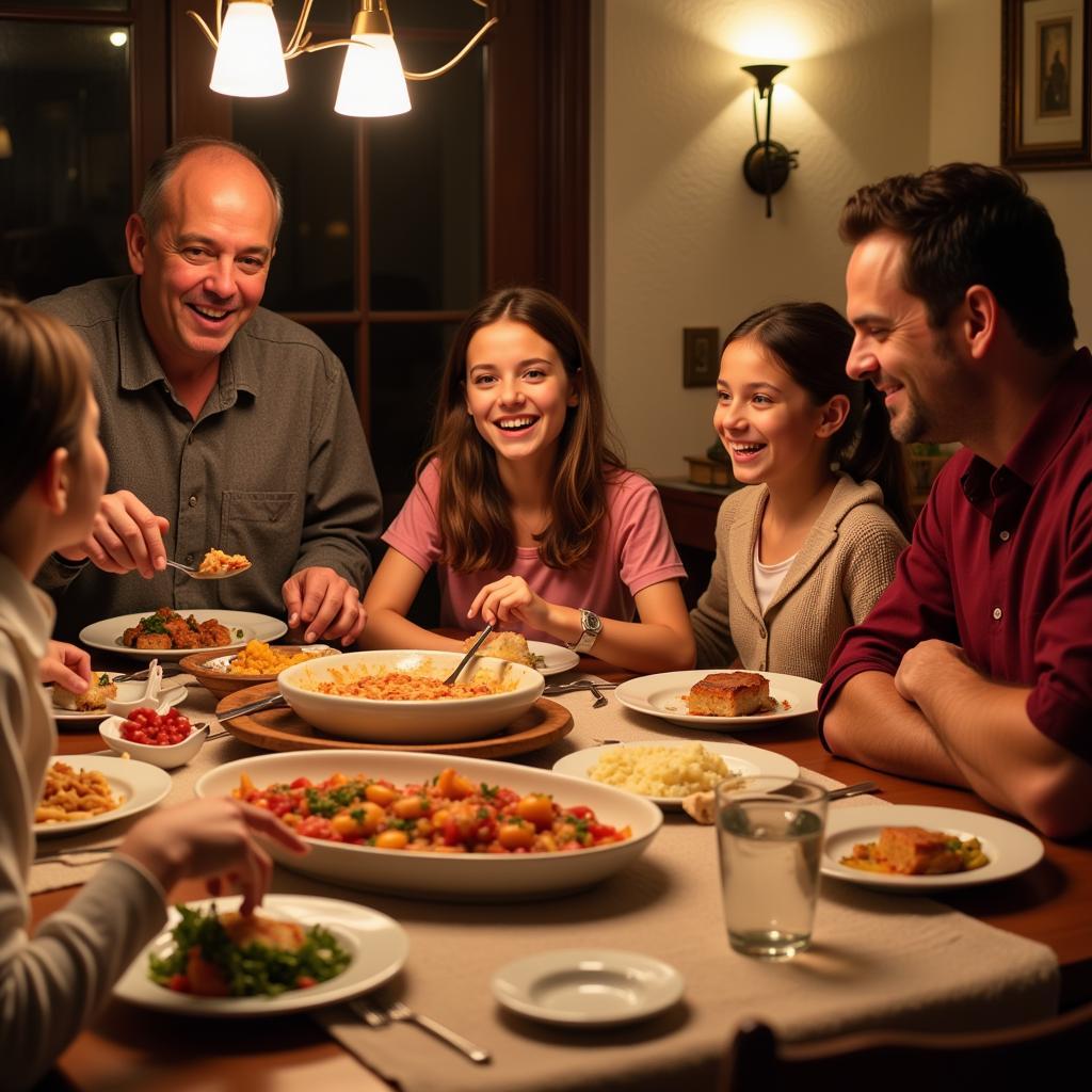 A Spanish family enjoying a meal with their homestay guest