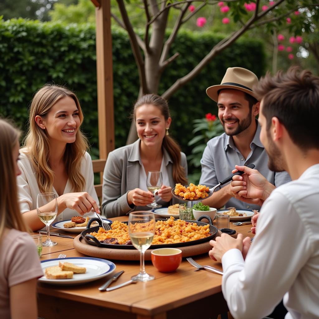  A Spanish family enjoying a traditional paella meal together.