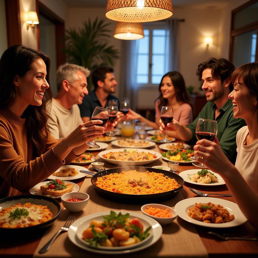 A Spanish family enjoying a paella meal together