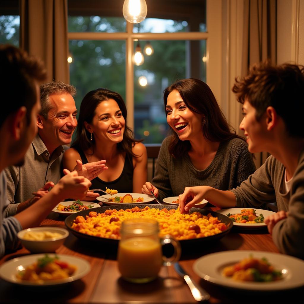 Spanish Family Enjoying a Traditional Paella Meal Together