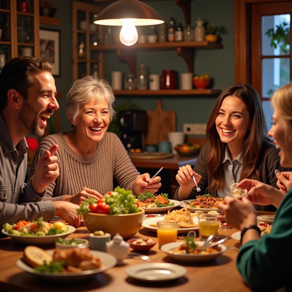 Family enjoying a traditional Spanish meal in a reparto home