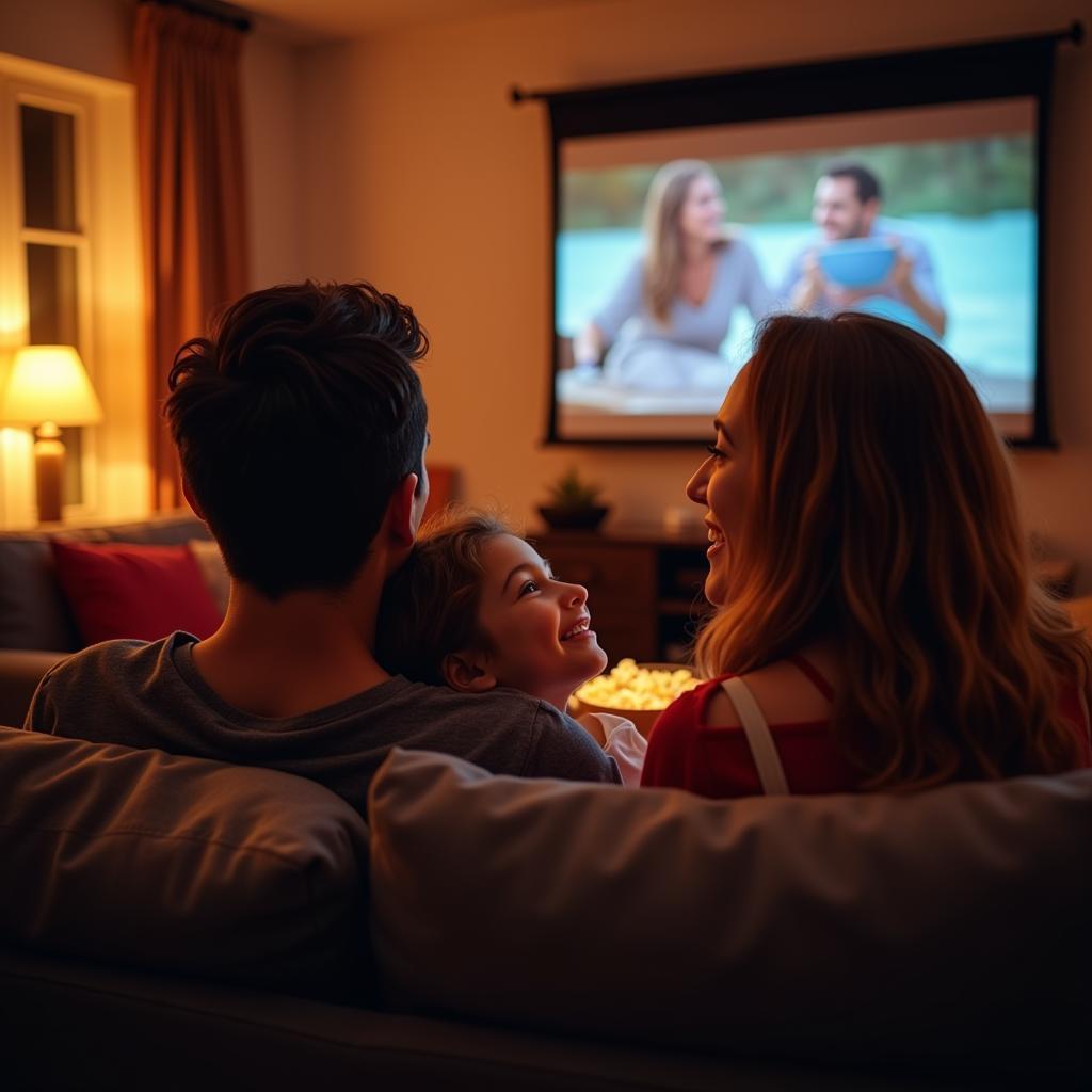 Family enjoying movie night in Spain