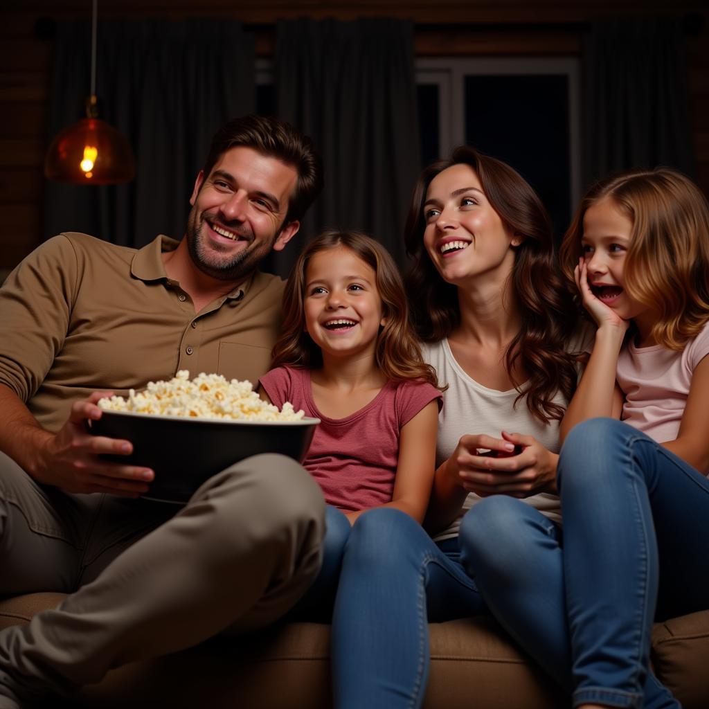 Family enjoying movie night in Spain