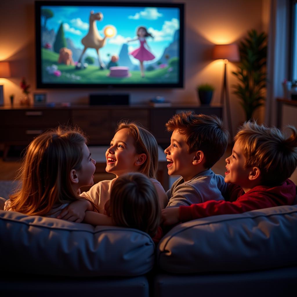 A Spanish family enjoying a movie night in their living room