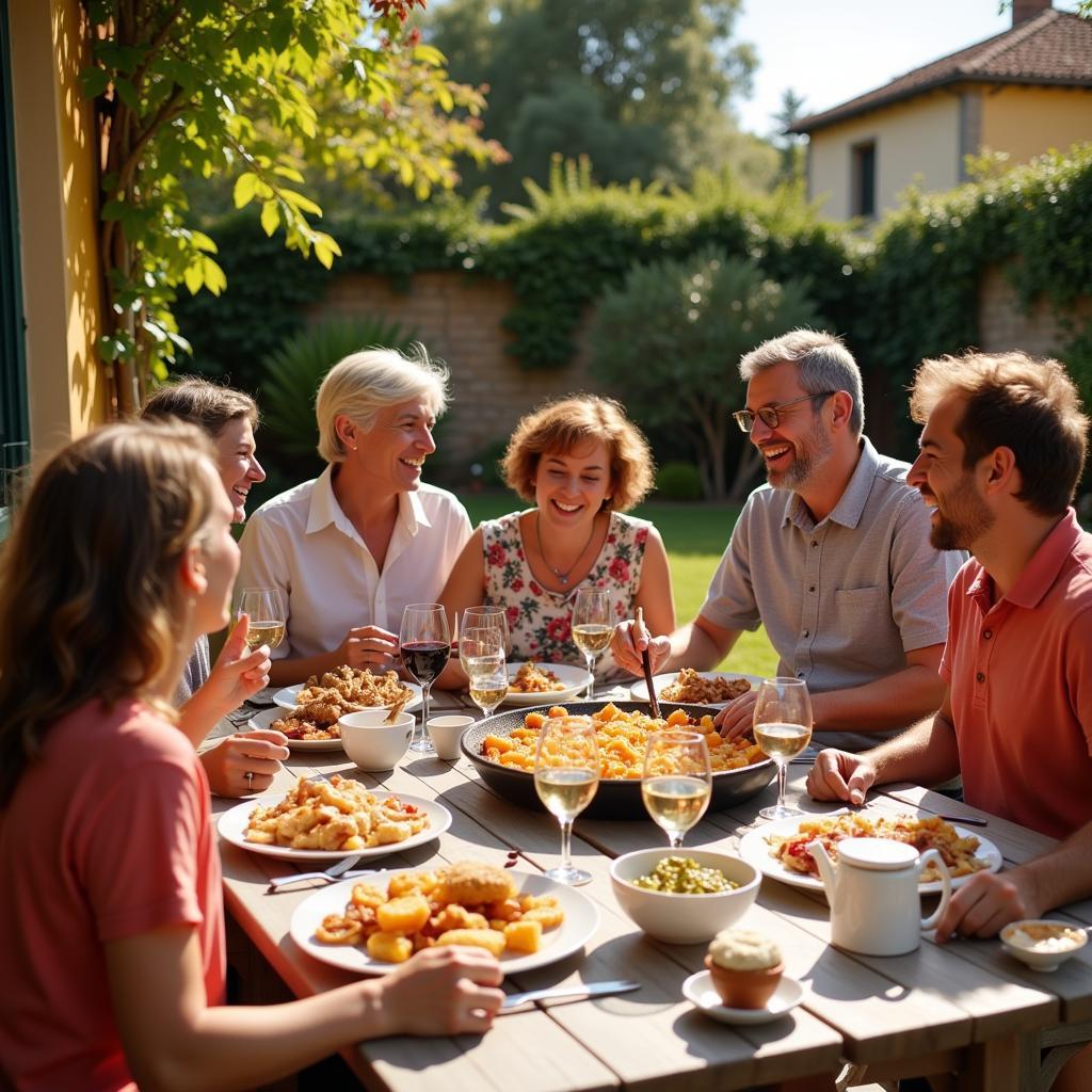 Spanish family enjoying paella