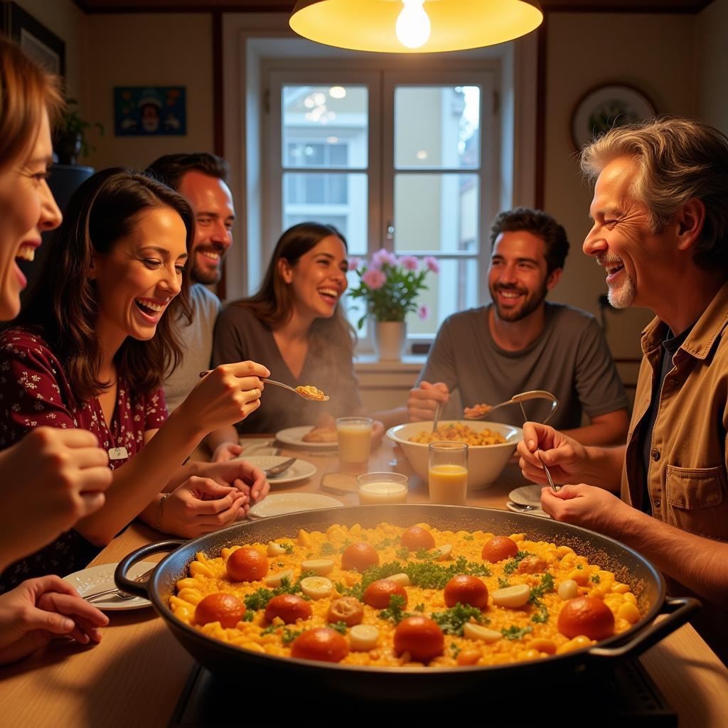 Family enjoying paella in a Spanish home