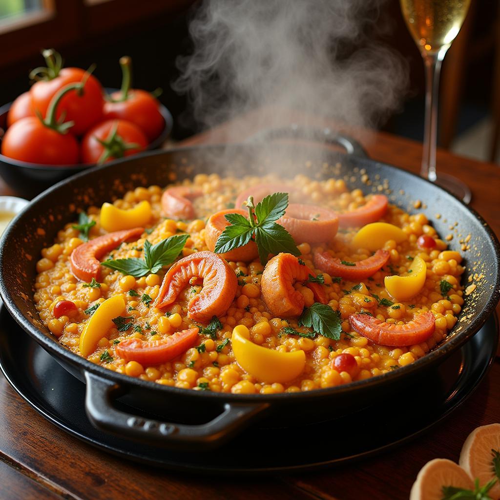 A Spanish family enjoying paella together