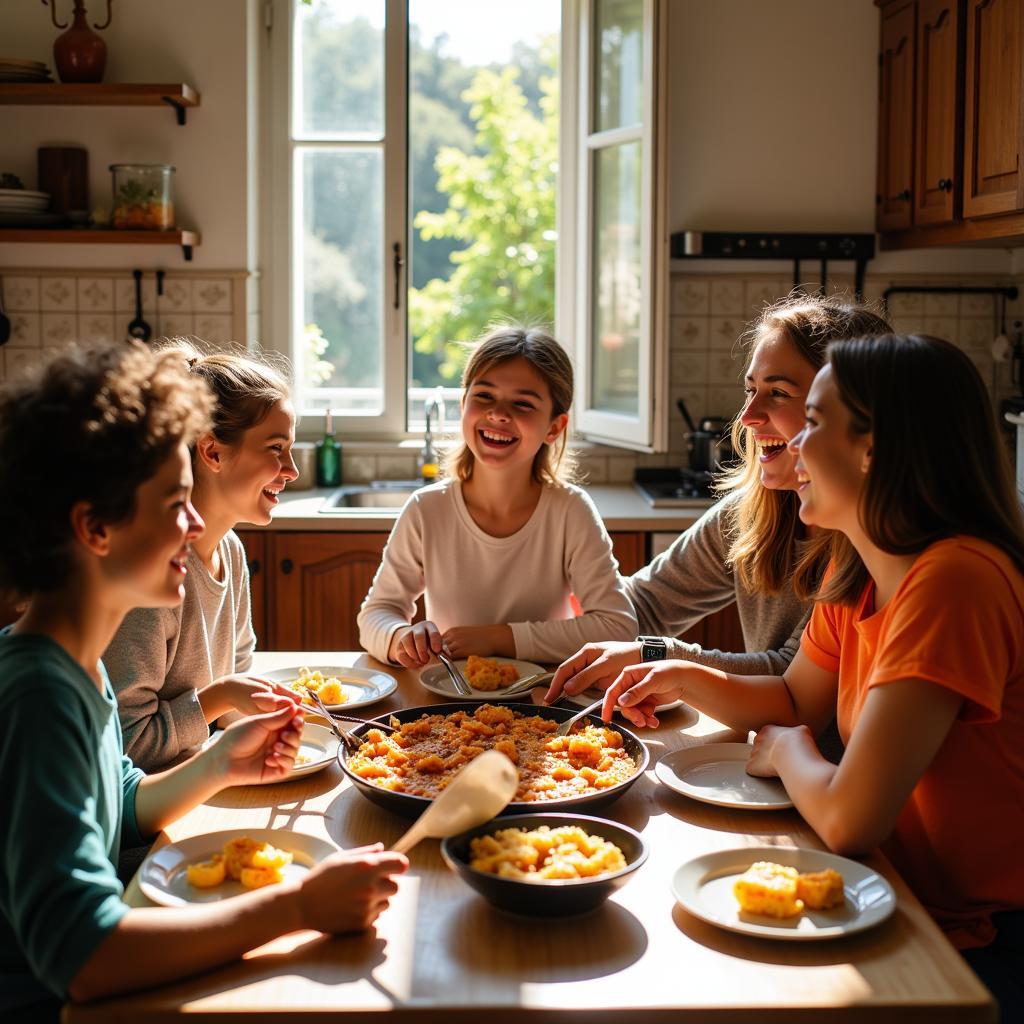 Family Enjoying Paella in a Spanish Home