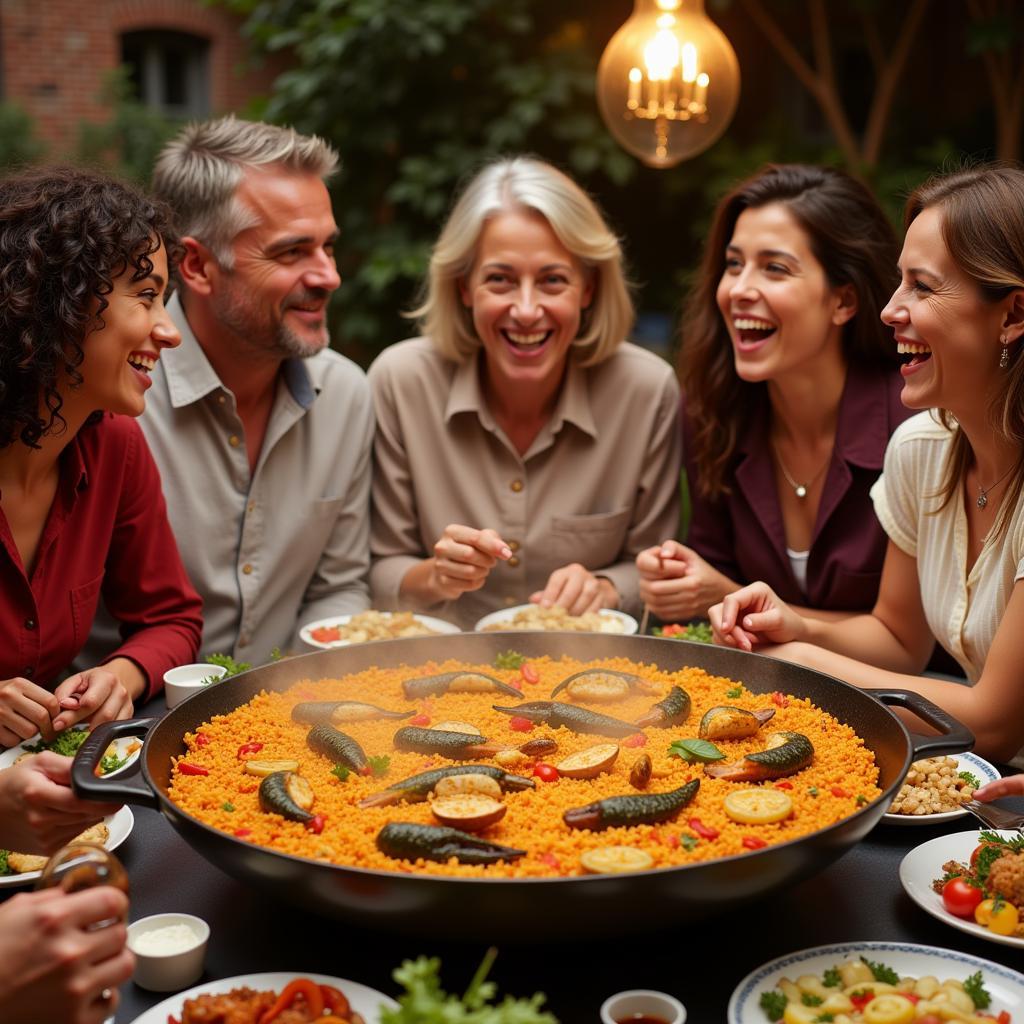 Family enjoying paella in a Spanish home