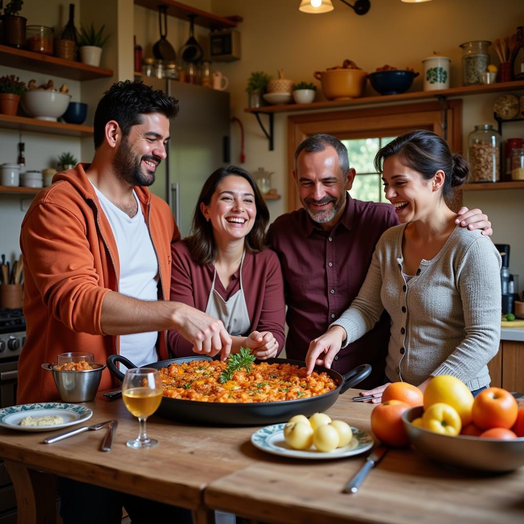 Family preparing paella in a "we home" kitchen