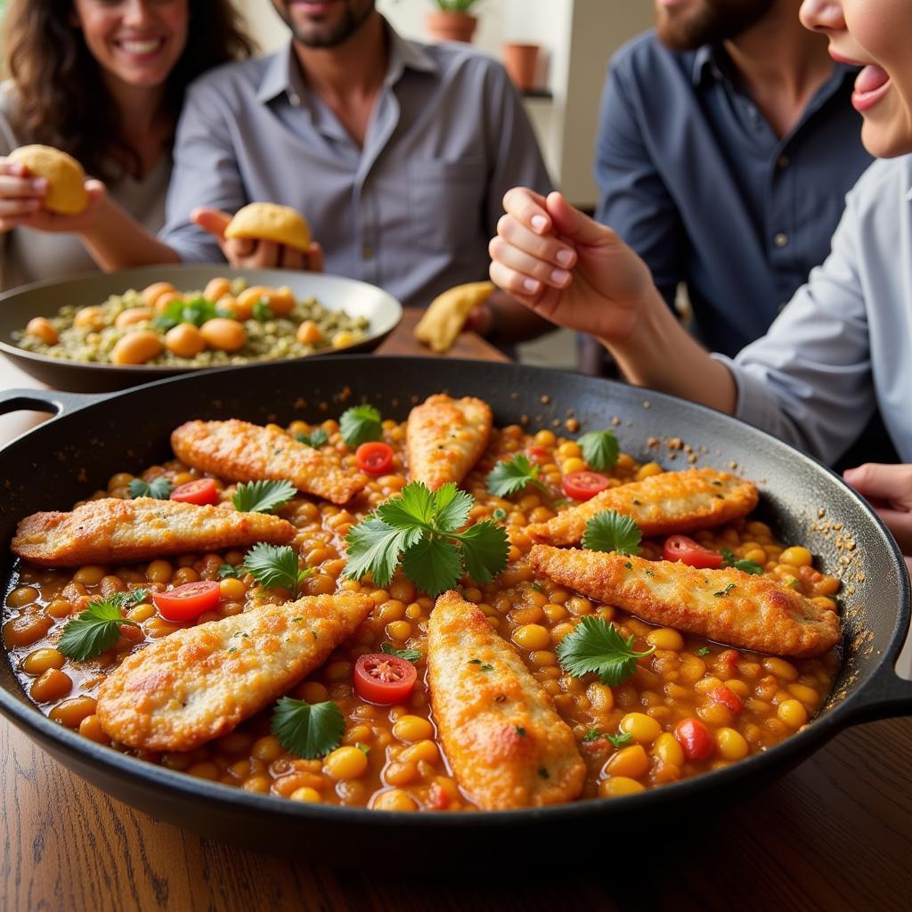 Spanish Family Enjoying Paella Together