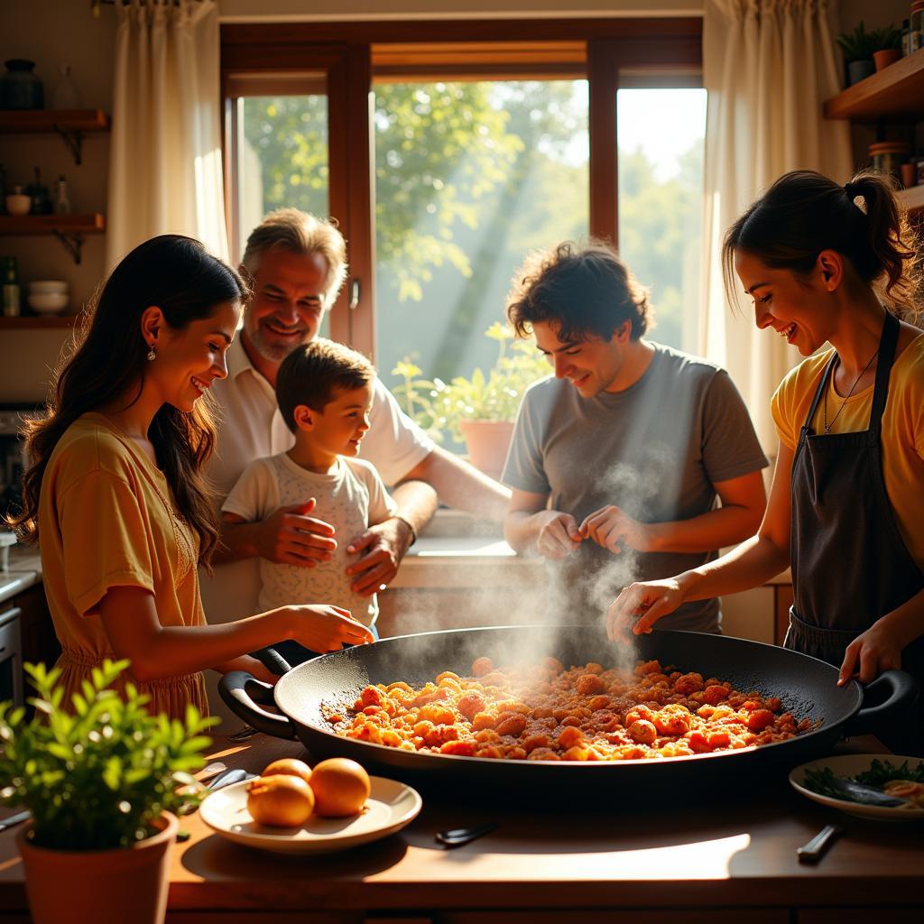 Family preparing paella