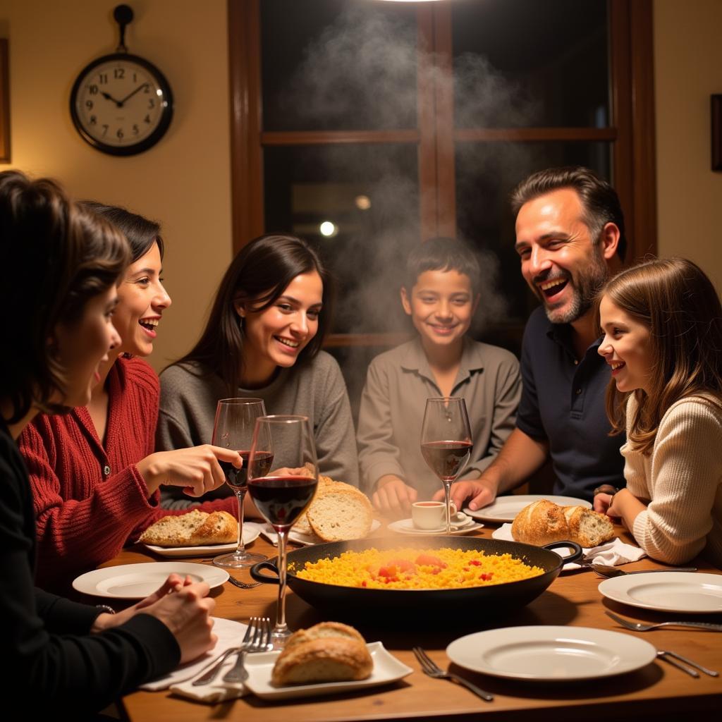 Family enjoying paella in Spanish home