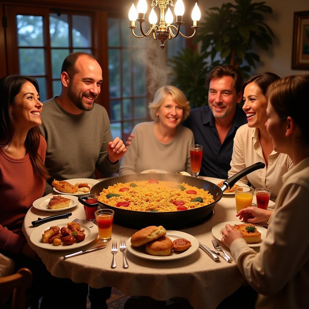 A Spanish family enjoying a traditional paella meal together