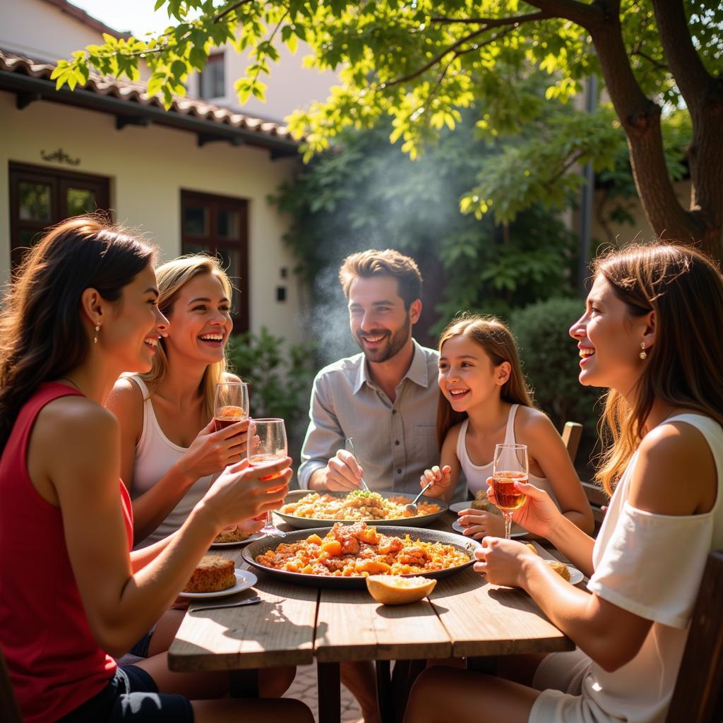 Family enjoying paella in a Spanish courtyard