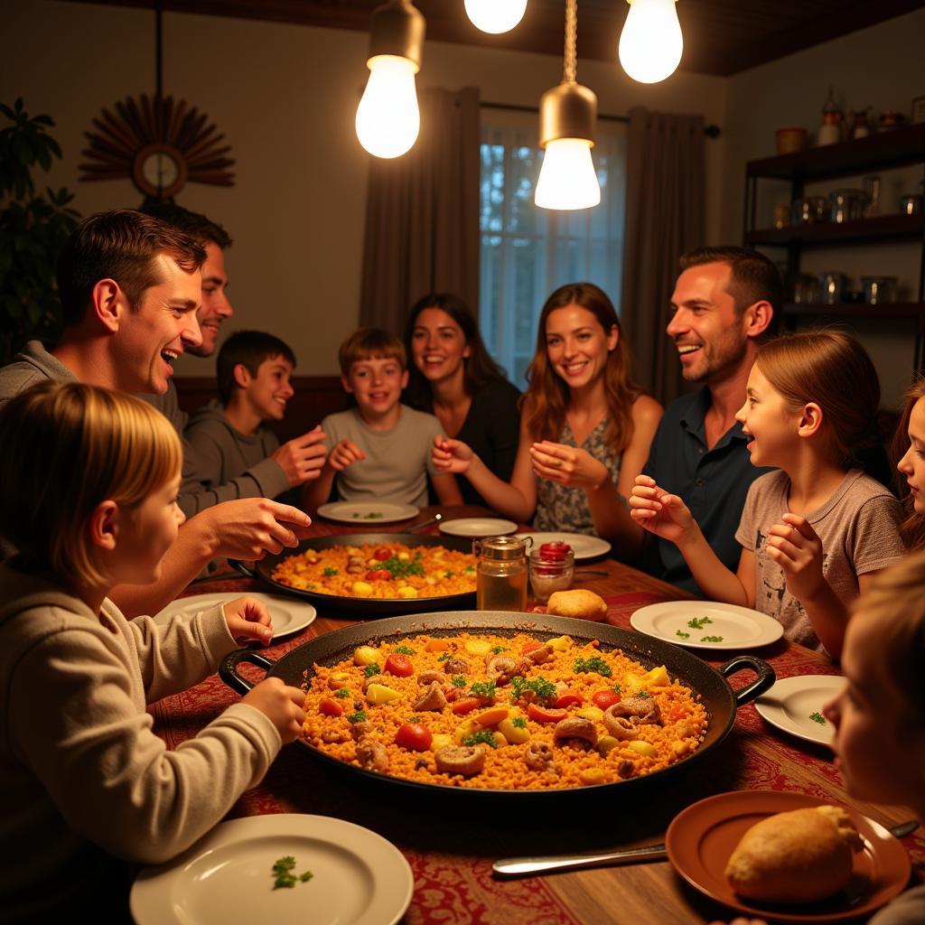 A Spanish family enjoying paella together