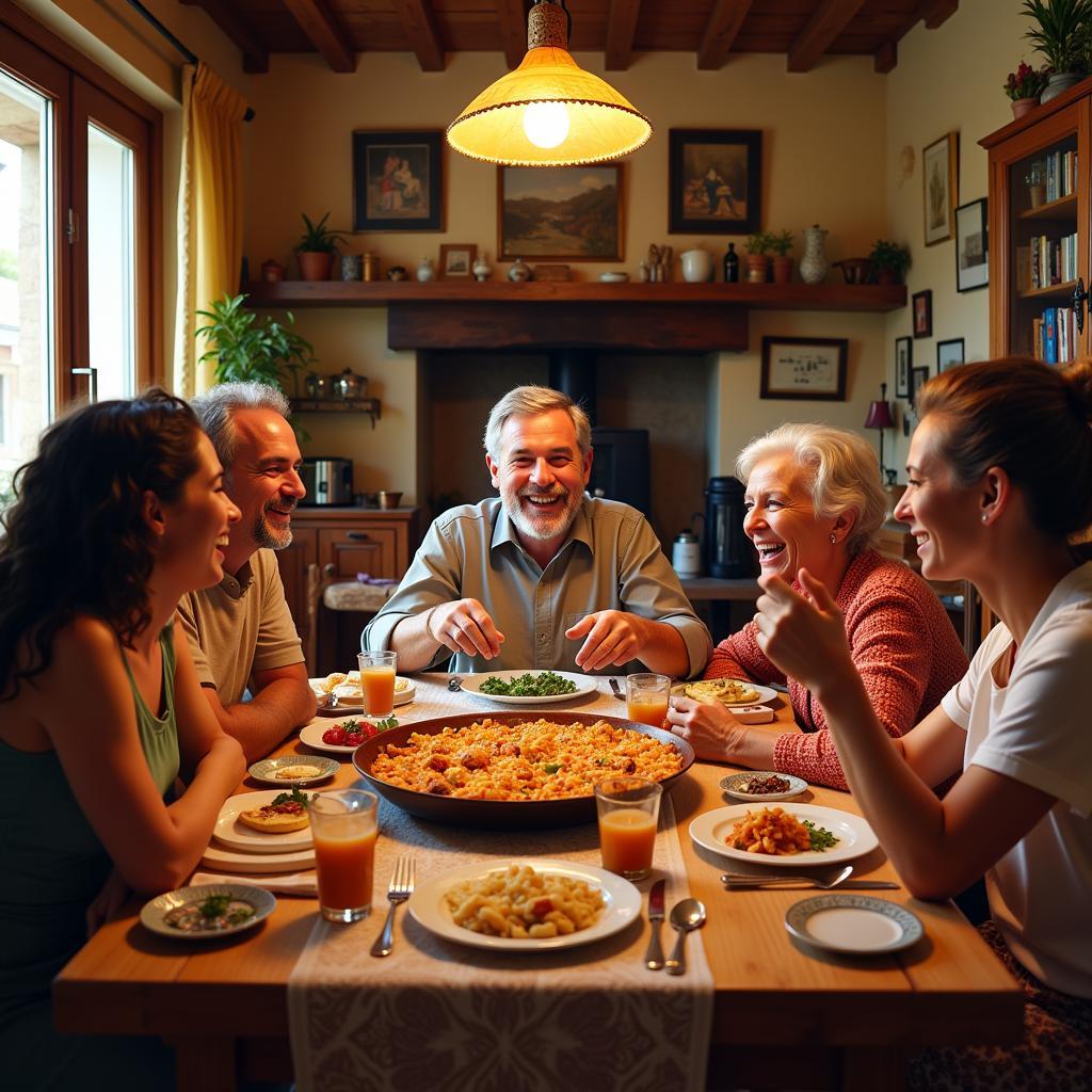 Family enjoying paella together in a Spanish home