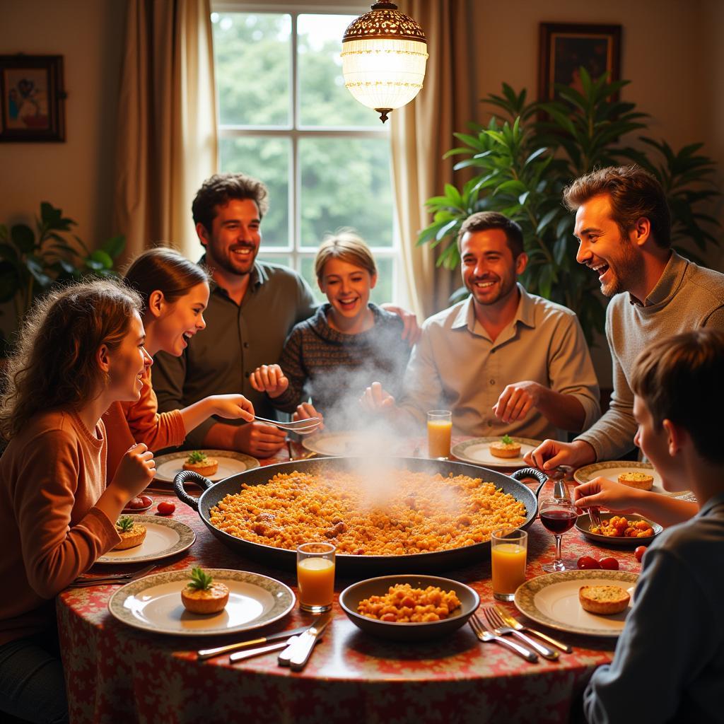 Family enjoying paella