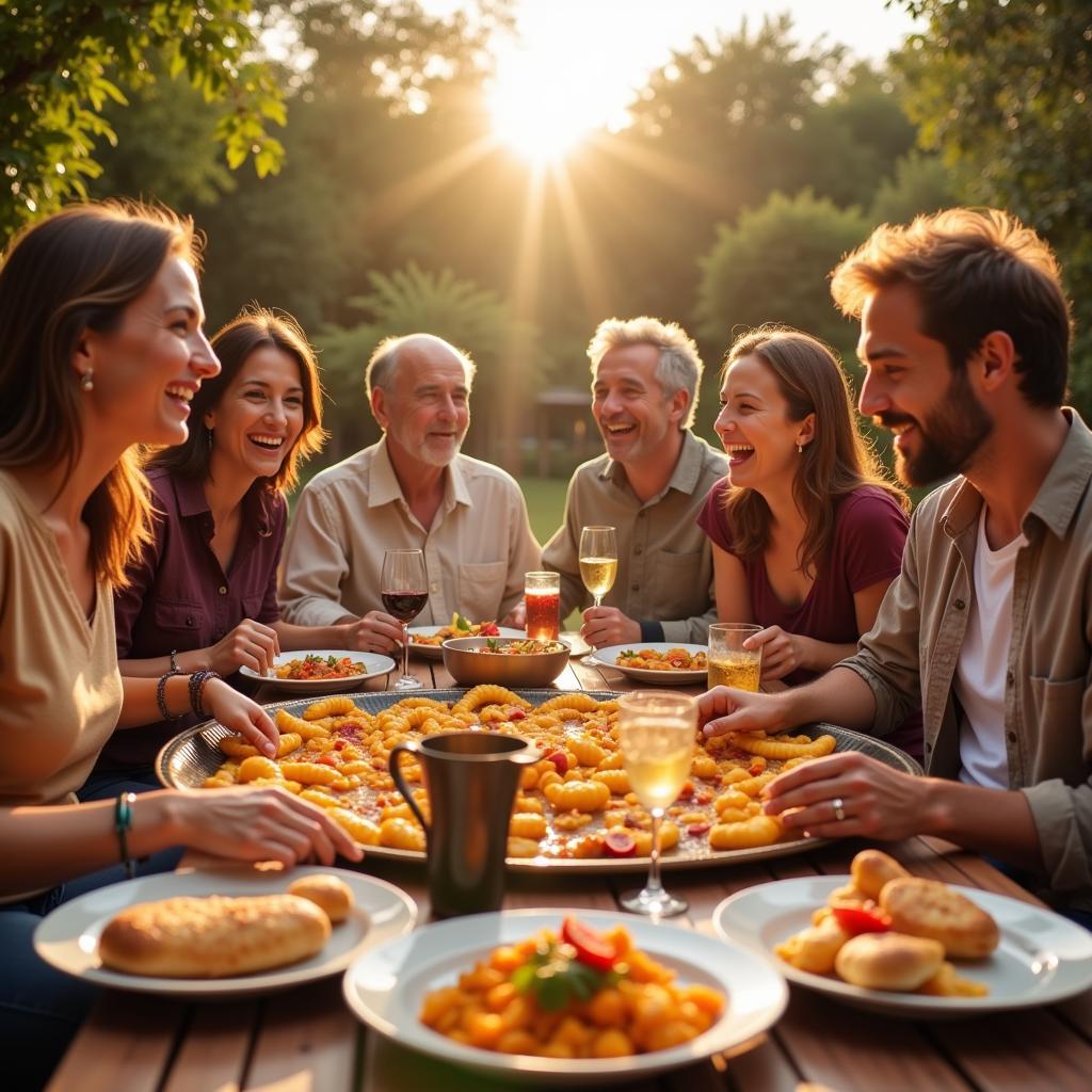 Family enjoying paella together