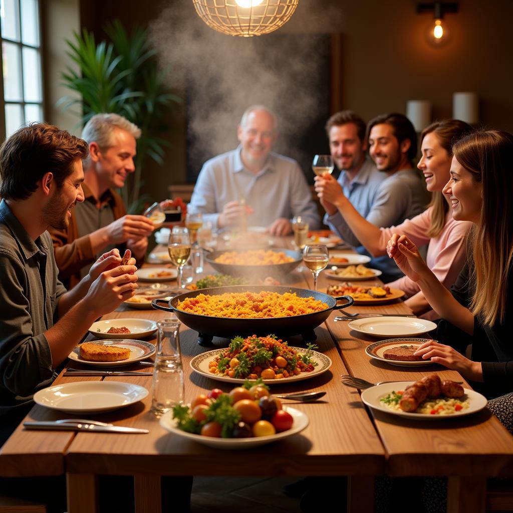 Enjoying a traditional paella with a local family