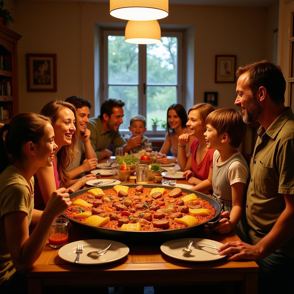 Spanish Family Enjoying Paella Dinner