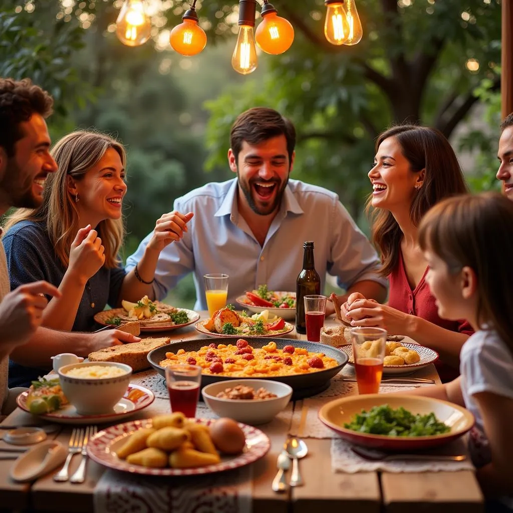 Spanish Family Enjoying Paella Dinner