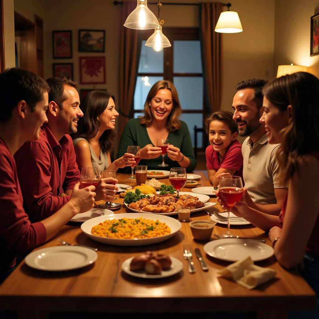 Family enjoying a traditional Spanish dinner