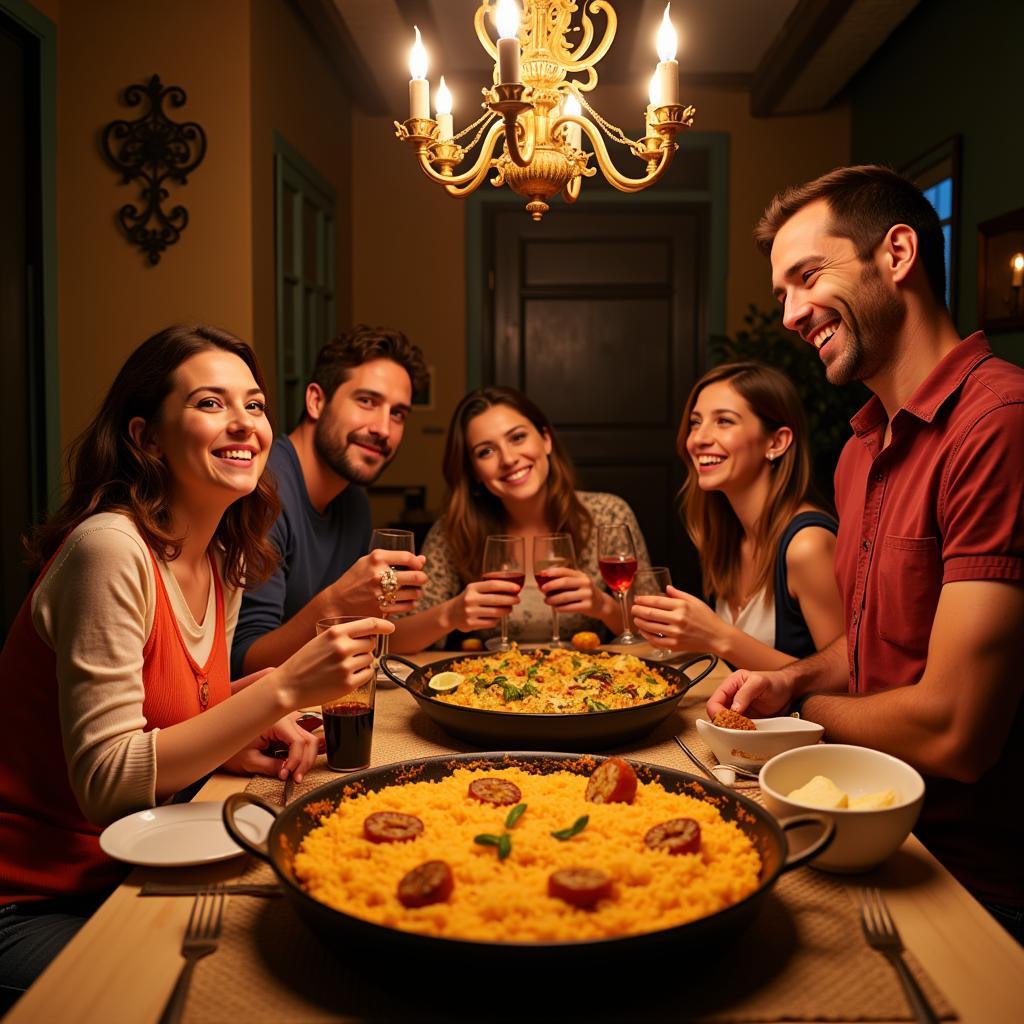 Family enjoying paella dinner in Spain