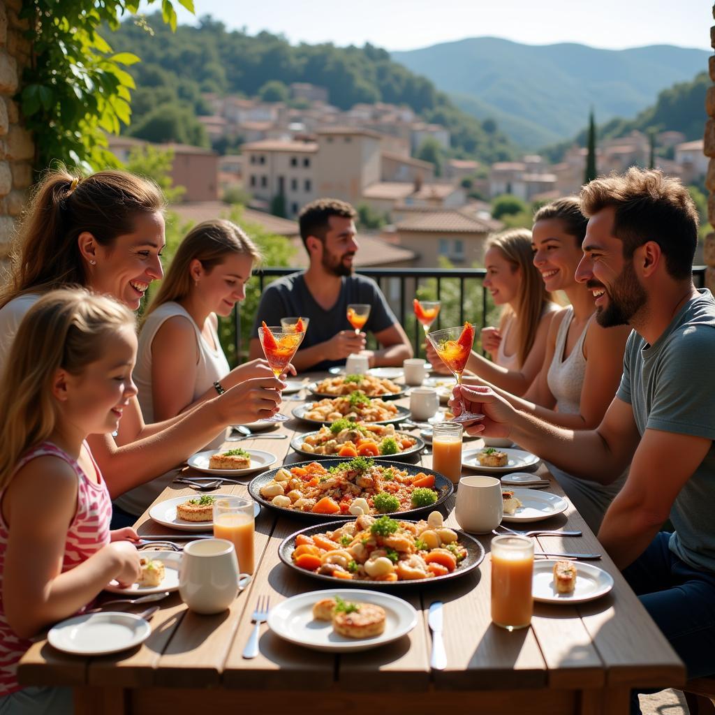 Spanish Family Enjoying Paella Dinner