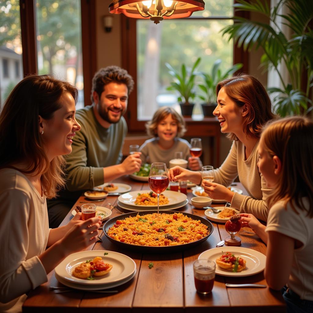 Family enjoying a traditional paella dinner in their Spanish home