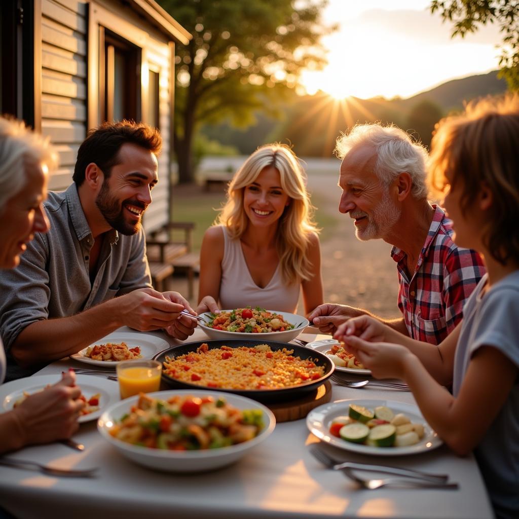 Family enjoying a traditional paella dinner during their Spanish mobile home vacation.