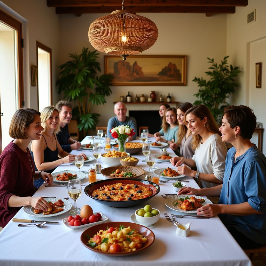 Smiling Spanish Family Enjoying Paella Dinner Together